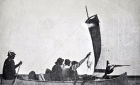 Cree men hunting in a large canoe