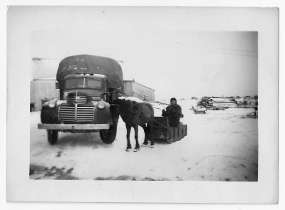 Horse and truck used for farm work at Moose Factory