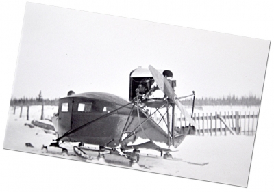 Rear view of an early snowmobile