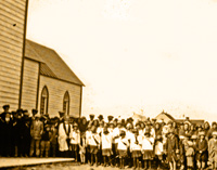 Congregation outside St. Thomas Church, Moose Factory (ca early 1900s)